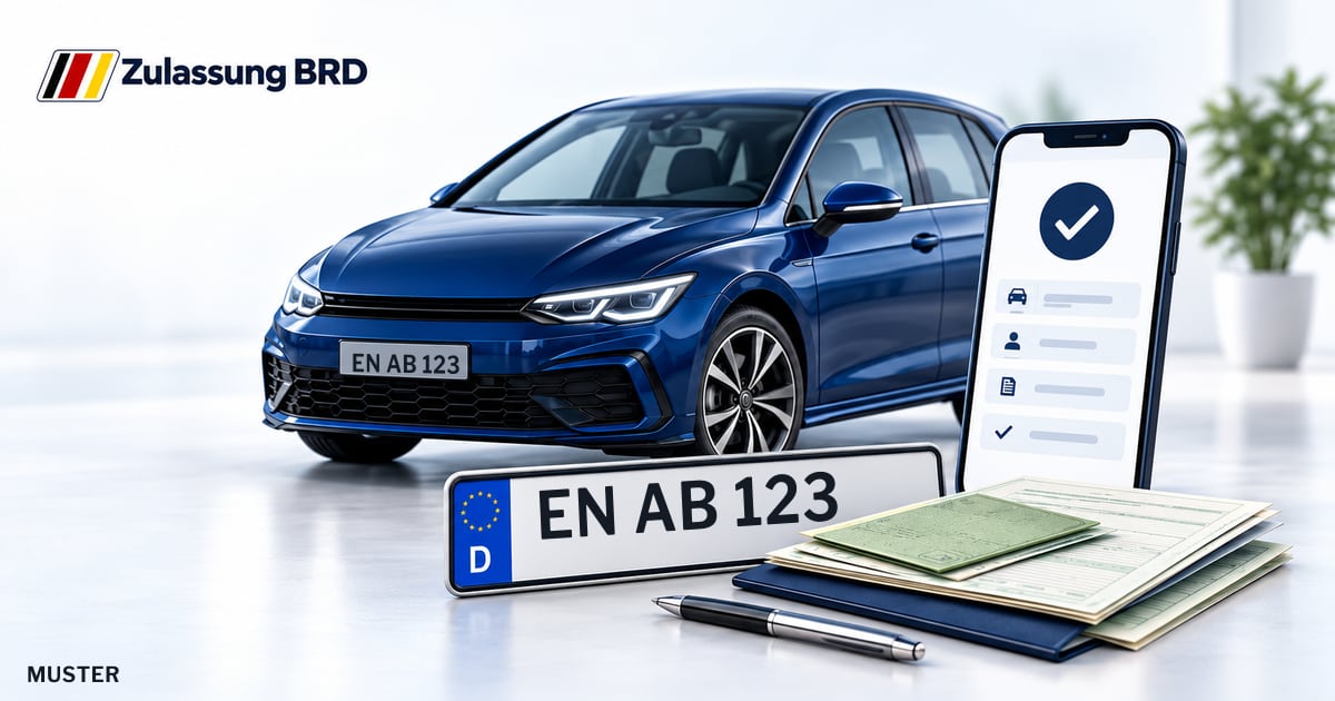 Online Fahrzeugzulassung in Wetter (Ruhr): Musterkennzeichen EN AB 123, Auto und Fahrzeugpapiere und Smartphone. Illustration mit Logo von Zulassung BRD.
